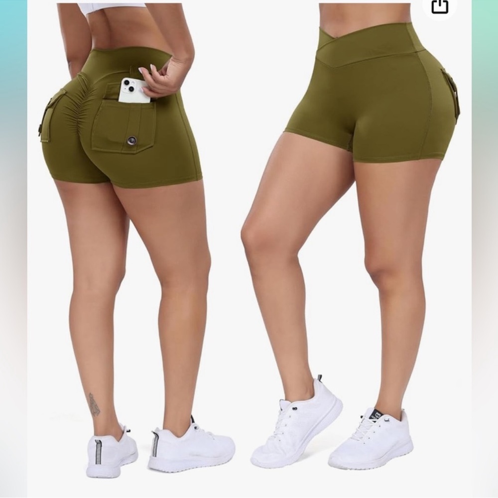 Yeoreo Shorts with Pockets - Olive Green - large- For Running & Yoga - Picture 4 of 9